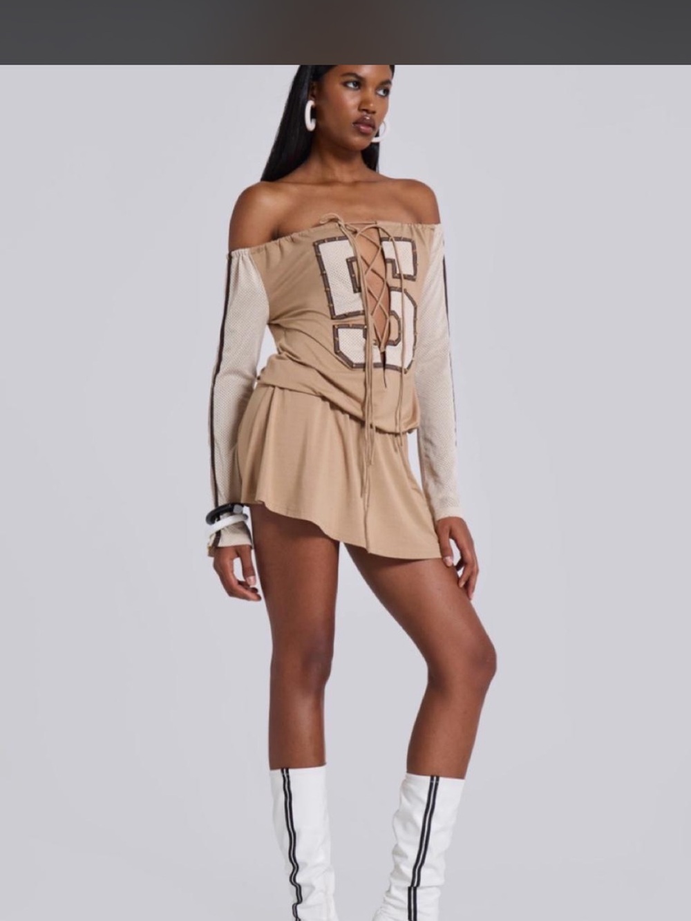 Jaded London Beige Off-Shoulder Lace-Up Mini Dress with Cream Sleeves NWT